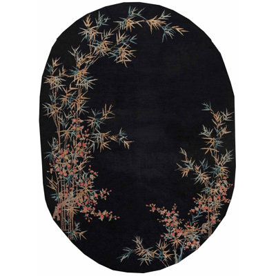 Antique Art Deco Chinese Floral Black 1920s Oval Shaped Rug