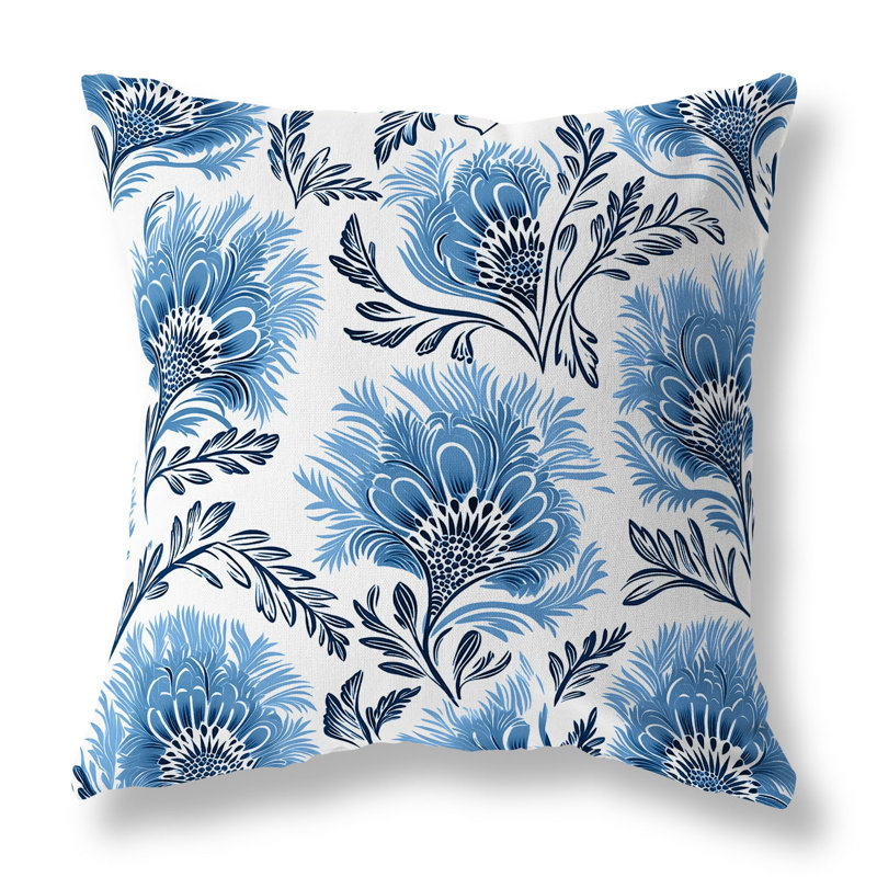 Coussin décoratif intérieur / extérieur Whimsical Wilds, H 16 po x l 16 po, Bleu / blanc indigo