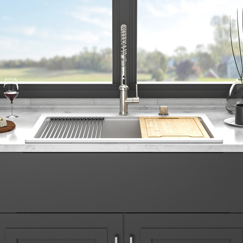 33" Depth 22" Width Quartz Drop - In Workstation Kitchen Sink, , Non Scratching, Drying Rack, Cutting Board White Granite Workstation, Strong And Board, Bottom Grid