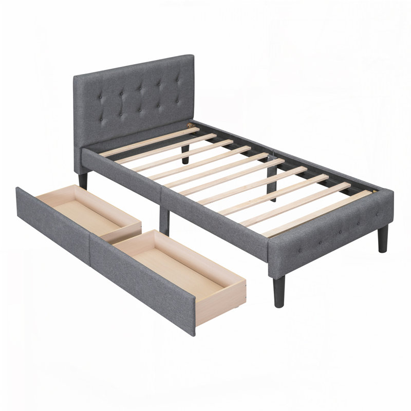Lit plateforme simple tapissier avec 2 tiroirs, gris