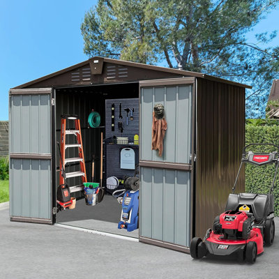 Metal Steel Outdoor Storage Box 8.2' X 6.2' - Backyard Patio Garden Use Double Lockable Doors, Air Vents , Rust-, Brown Cabinet Utility Tool For