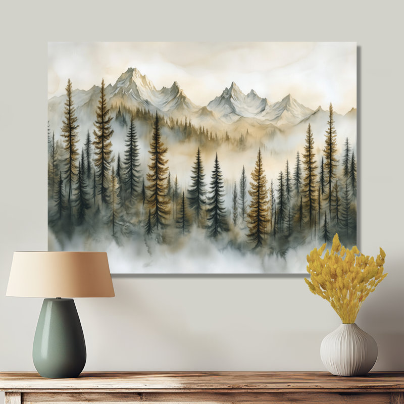 Forêt dorée et montagnes - Décoration murale en métal représentant des pins, H 16 po x l 32 po