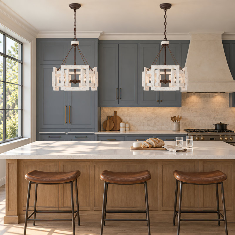 Marchini 4-Light Dimmable Geometric Chandelier in Weathered Off-White and Rust Brown