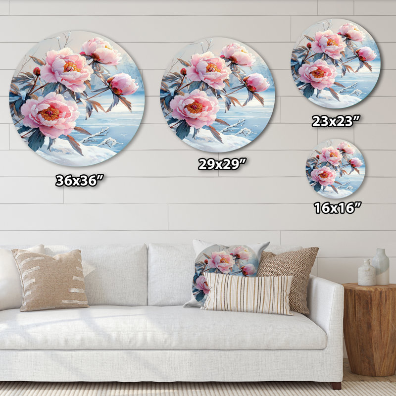 Pivoines près du lac gelé II - pivoines rondes, décoration murale en métal rose traditionnel, H 36 po x l 36 po