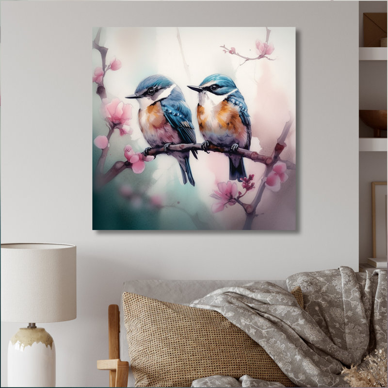 Oiseaux bleus sur une branche II, H 16 po x l 16 po x P 1 po, Toile tendue