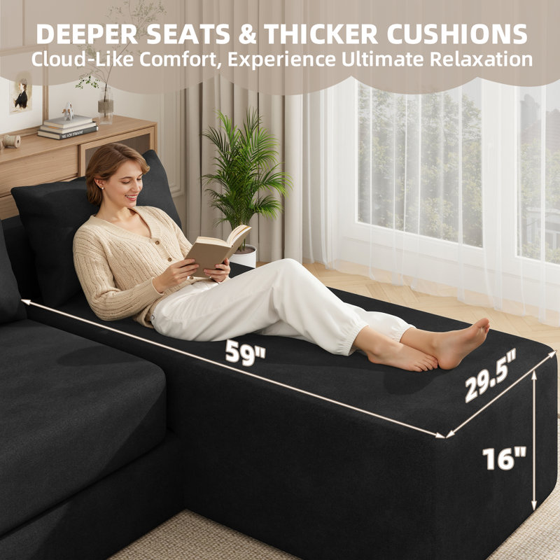 Canapé convertible désossé, canapé modulaire flexible 4-en-1 avec méridienne réglable et assise profonde, conception modulaire rembourrée pour le salon, comprend 2 coussins, aucun assemblage requis, noir