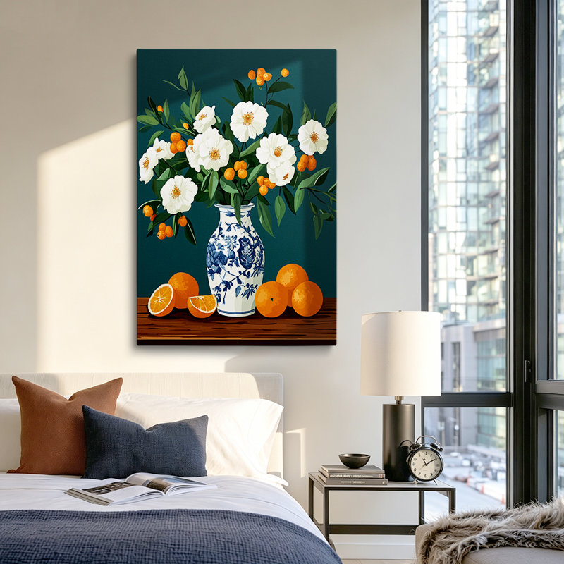 Nature morte moderne vintage, fleurs blanches et agrumes orange dans un vase en porcelaine bleue, illustration graphique 45 x 30 cm - Décoration de salon