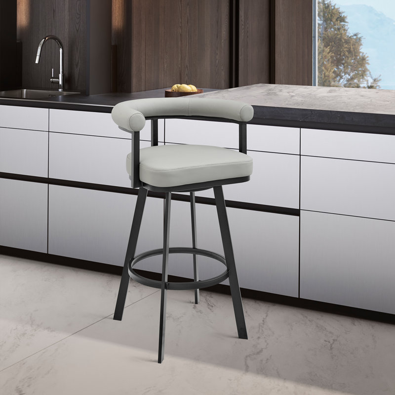 Hollie-May Mid-century Swivel Counter or Bar Height Bar Stool with Open Back in Faux Leather, Metal, Light Gray, Black Metal
