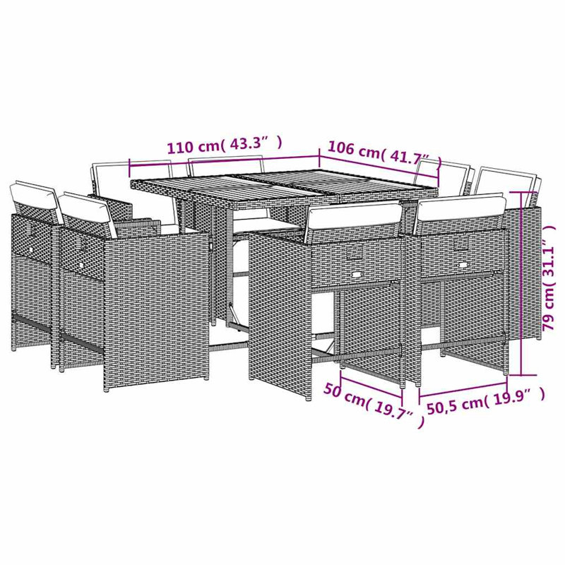 Patio Dining Set with, 8, 73cm H x 110cm W x 106cm D, Cream White Cushion/Beige Frame