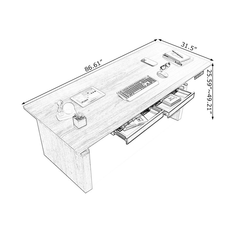 Bureau rectangulaire à 2 tiroirs en bois massif et en acier laminé à froid brun noisette, 49.21" H x 86.61" W x 31.5" D