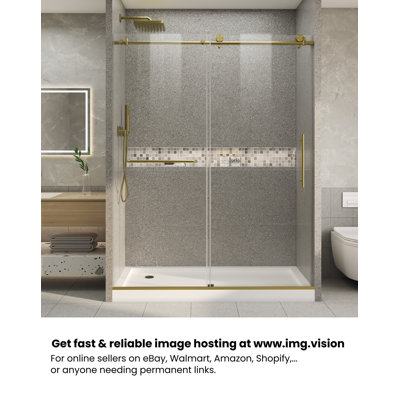 Cascada 56-60" W x 76" H Single Sliding Frameless Shower Door with Stainless Steel Top Rail and Handle,1/4" 6mm Tempered Glass,Brushed Gold