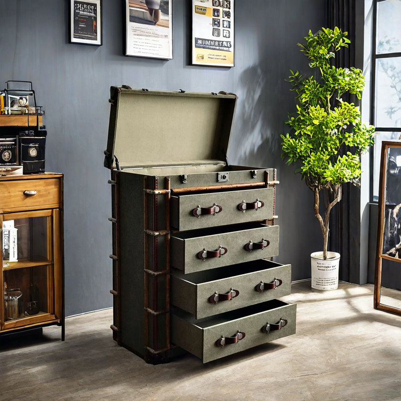 Vintage Green Canvas-Covered Wooden Chest 31.49'' W Dresser