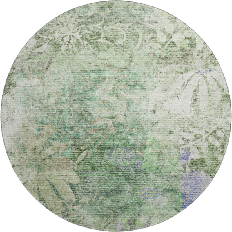 Premium Machine Washable Mayfield AMF2223 Floral Rug, Bleu sarcelle, Rond 8 pi