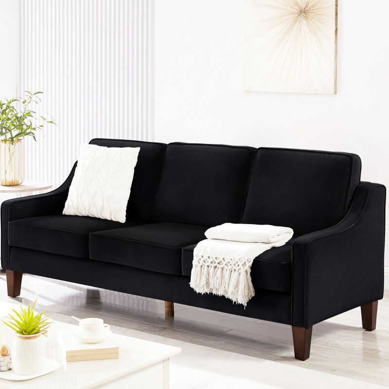 3 avec velours rembourré, accoudoirs carrés, siège mi-doux, velours noir contemporain pour chambre à coucher, structure en bois massif, noir, salon confortable