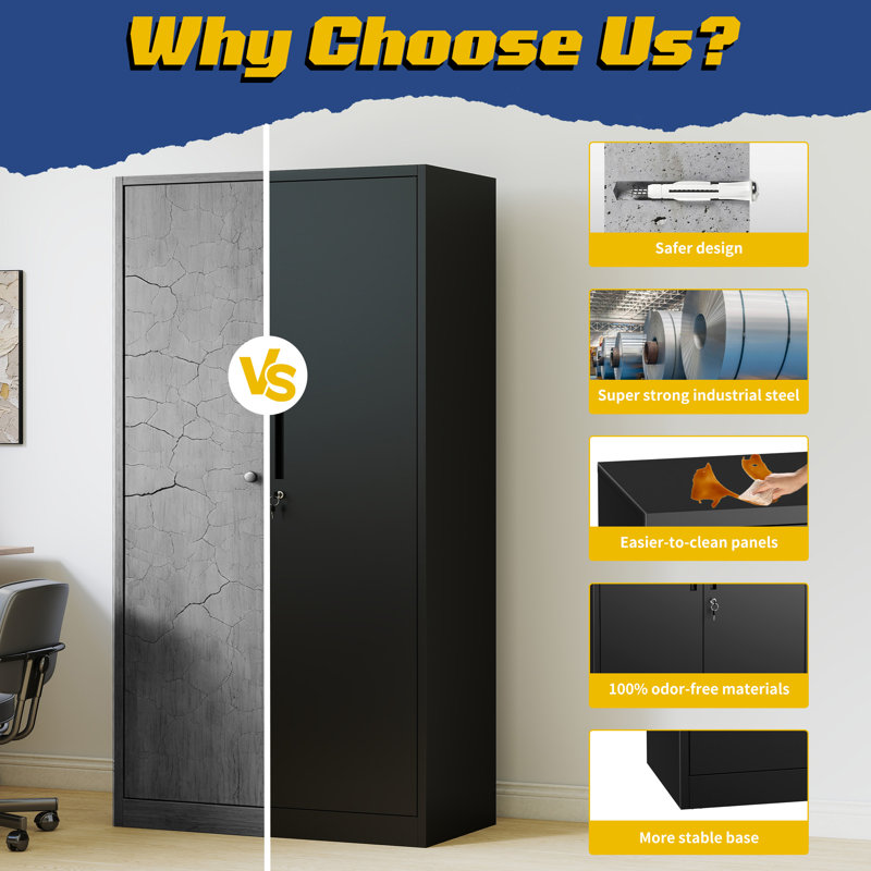 72" Heavy-Duty Metal Storage Cabinet with Lock - Black Garage Shelving Unit, 72"H x 35.4"W x 17.7"D, No