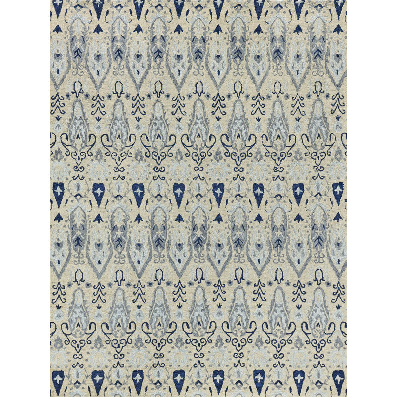 Ivory and Blue Hand-Tufted Wool Rectangular Area Rug 8' x 10'
