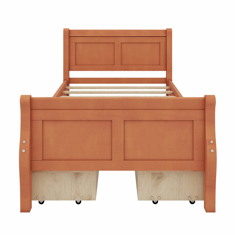 Lit plateforme en bois avec tiroirs et tête et pied de lit profilés, Lit simple, Chêne
