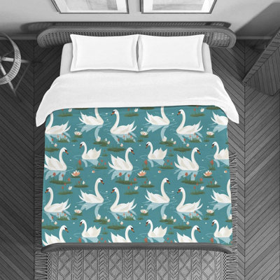 Swan Green White Polyester Duvet Cover
