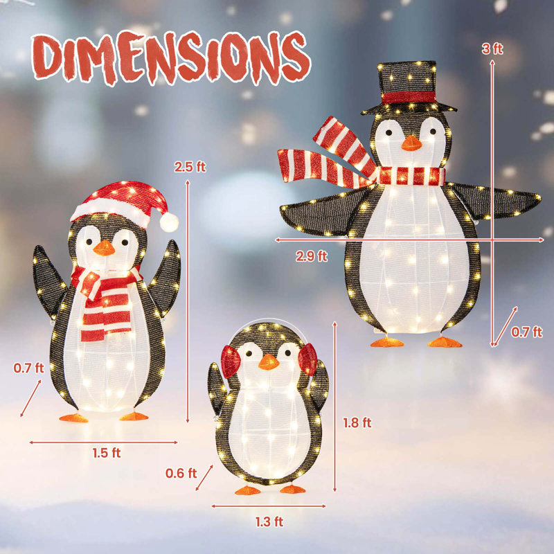 Ensemble de 3 pingouins éclairés avec 194 lumières à DEL et piquets