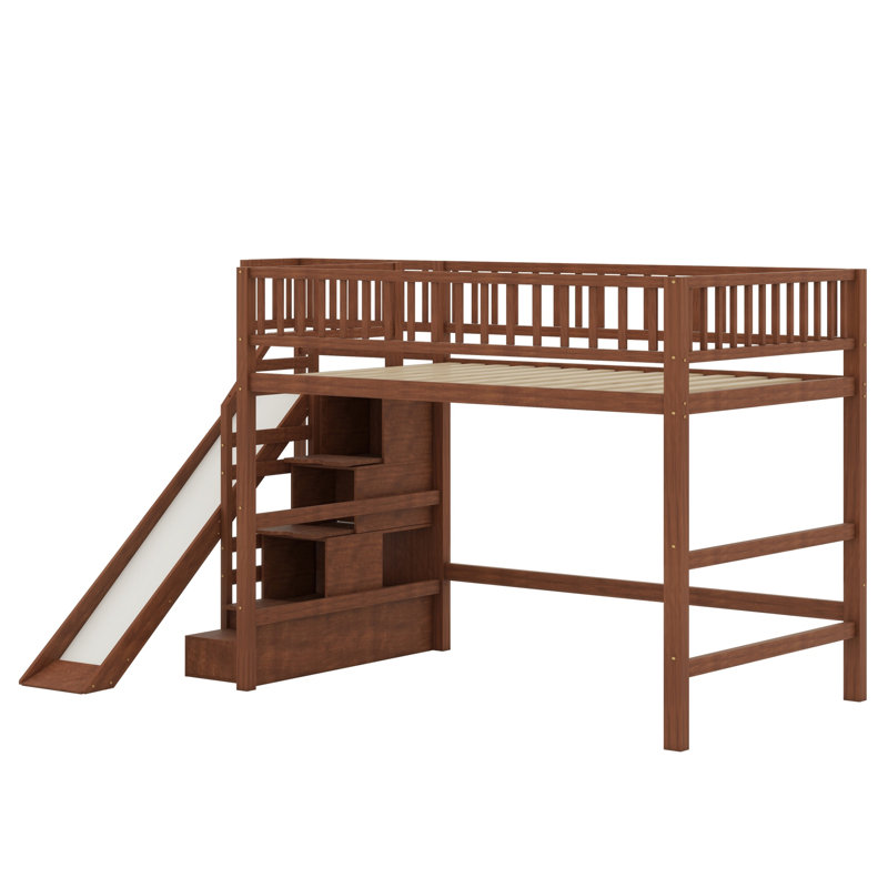 Structure de lit mezzanine robuste avec escalier de rangement, glissade amusante et lumières DEL intégrées, Walnut