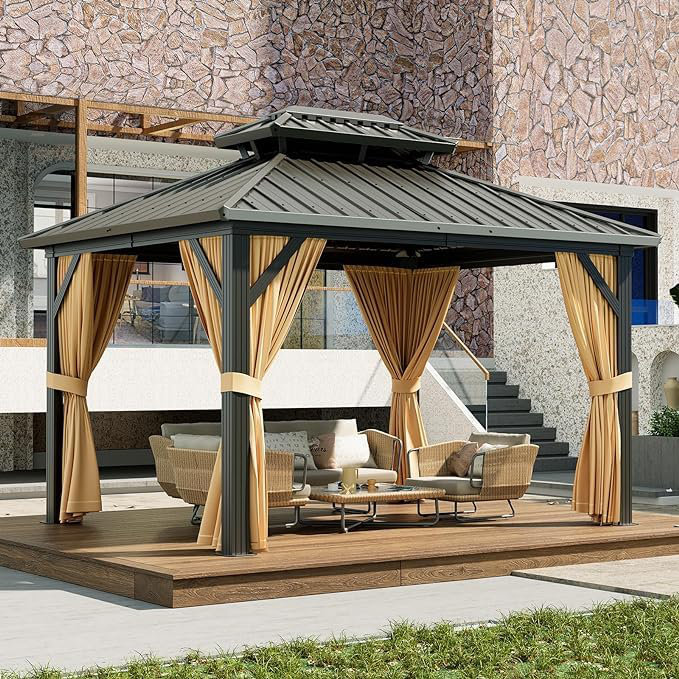 Heavy-Duty 10x12 FT Aluminum Hardtop Gazebo – Double-Layer Iron Roof, UV-Resistant Outdoor Pavilion, Retractable Curtains & Netting – Vertical design, Khaki
