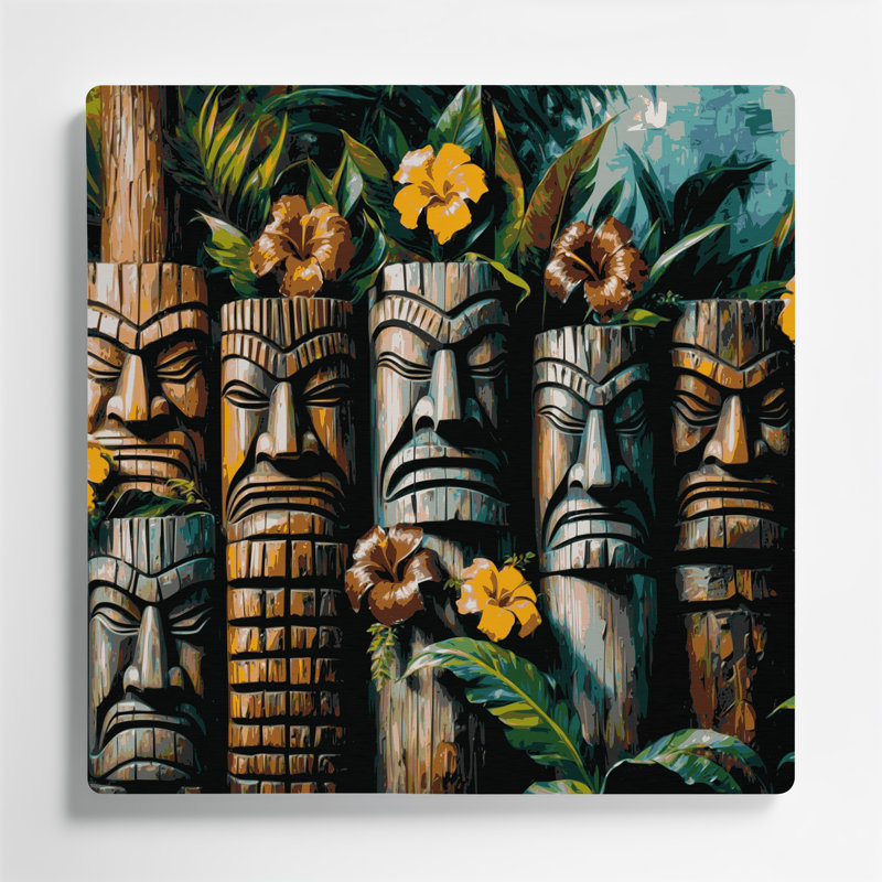 Art mural en métal vert, statues tiki hawaïennes, H 12 po x l 12 po