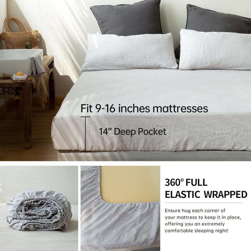 Simple&Opulence 100% Linen Sheet Set, King Sheet Set with 2 Pillowcases, Light Gray