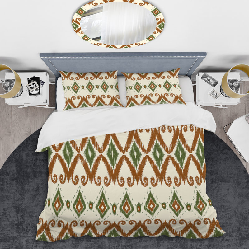 Ensemble de housse de couette à motif tribal vert et brun Ikat, Housse de couette pour grand lit et 2 taies décor