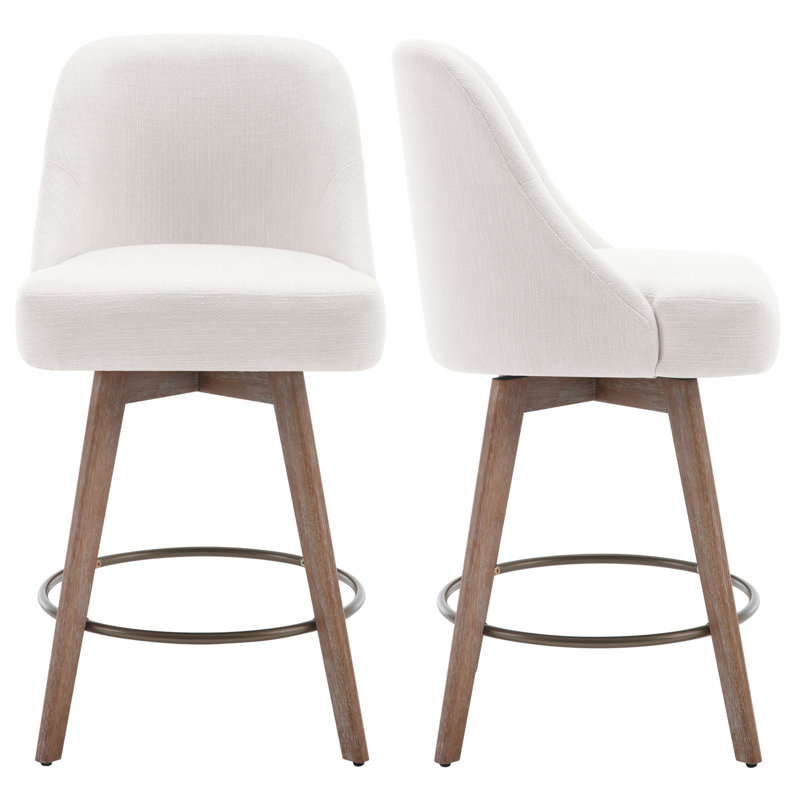 26'' White Upholstered Swivel Counter Stools with Solid Wood Legs