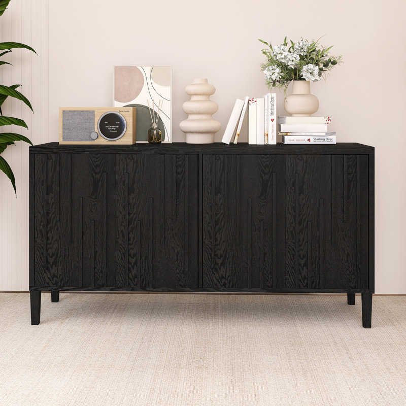 Buffet 59,80 pouces en bois avec poignée cachée, Noir