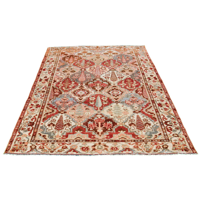 Tapis turc Oushak beige et rouge rétro fait à la main 4 x 6