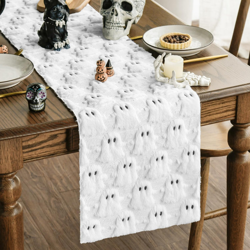 Soft Faux Fur White Ghost Halloween Table Runner 33x153 cm | Seasonal Plush Fall Kitchen Dining Table Decoration for Home Party Decor