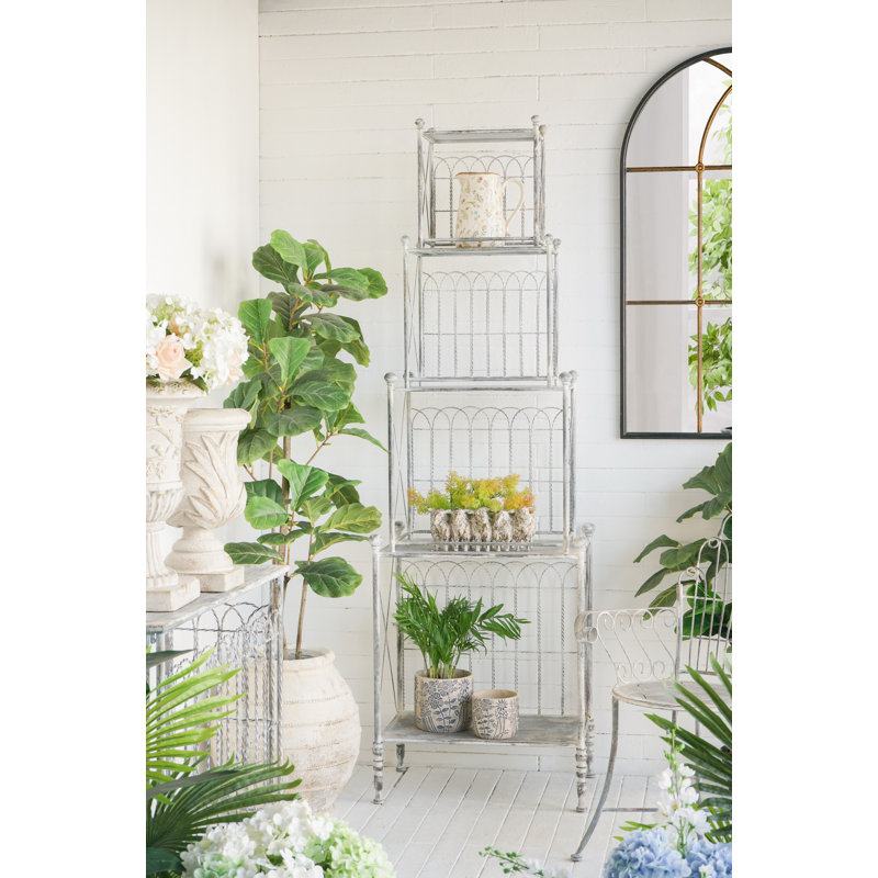 25.5x17x80.5" Rustic Iron 4-Tier Etagere with Twisted Rope Details