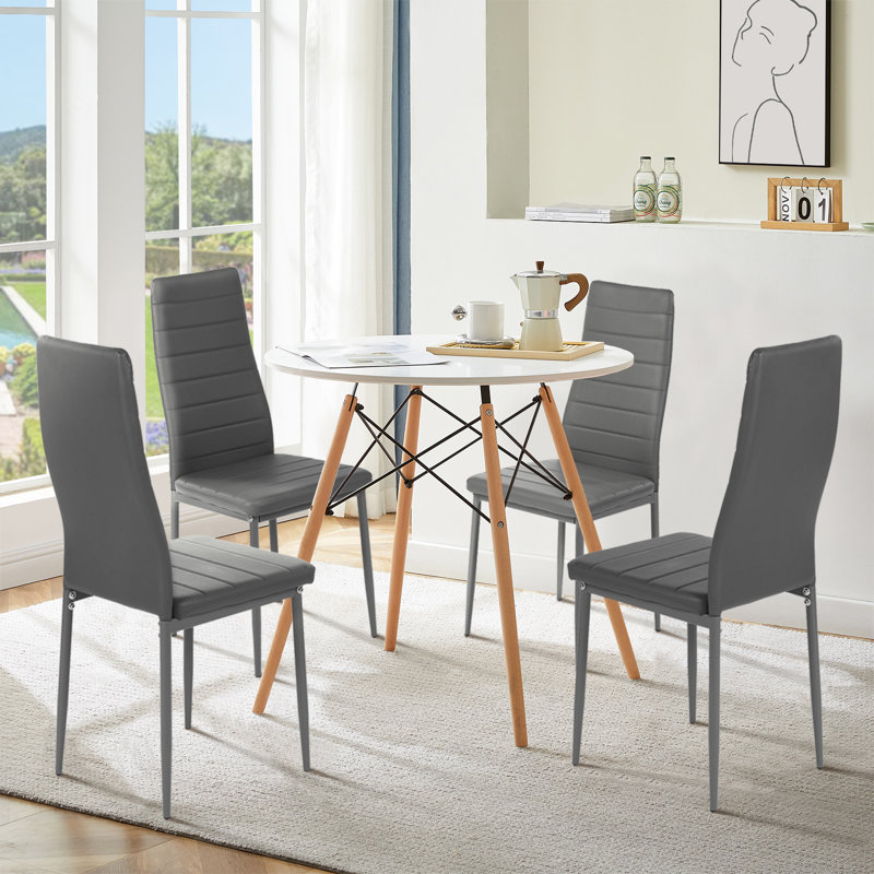 Ensemble de table de salle à manger 5 pièces, table de salle à manger ronde avec 4 chaises en similicuir, Blanc / Blanc, Gris