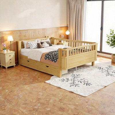 Lit plateforme en bois naturel pour enfants - Lit profilé sécuritaire et élégant avec tiroirs de rangement pour garçons et filles