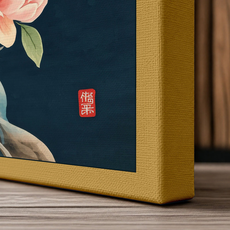 Roses in Teal Japandi - Wrapped Canvas, 18x12 - 45.7 x 30.5 cm, Ochre Border