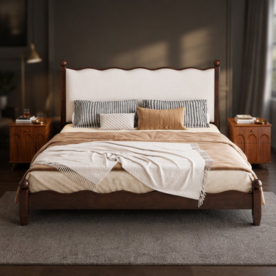 Wood Platform Bed with Upholstered Headboard
