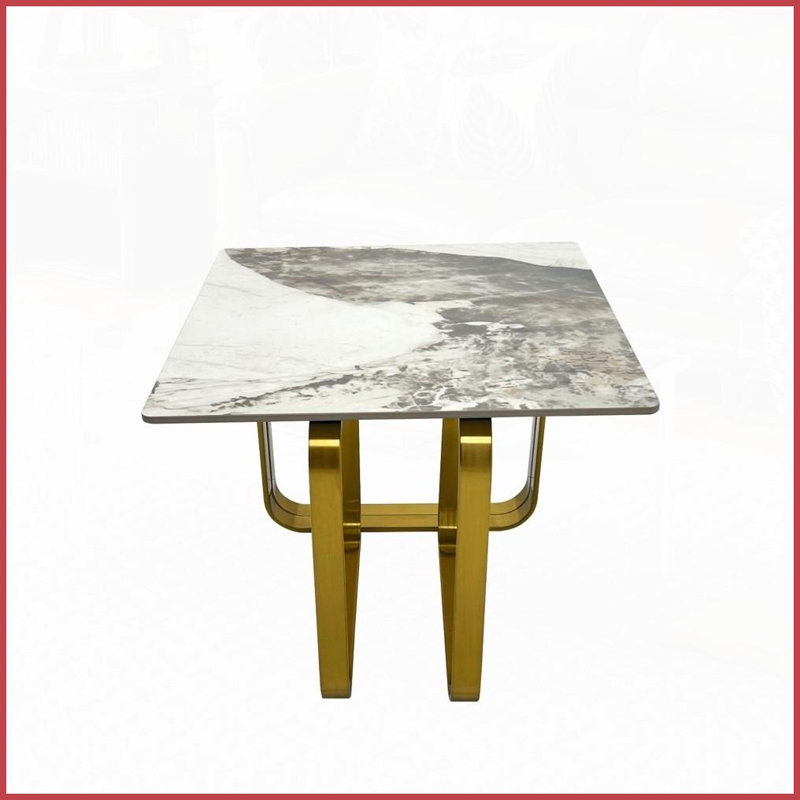 Table basse rectangulaire en pierre frittée de salon - structure en métal doré, résistante aux égratignures et amp; Facile à nettoyer