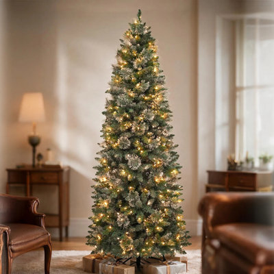 7.5ft Pre-Lit Slim Artificial Christmas Tree with 300 Warm White LED Lights and Metal Stand