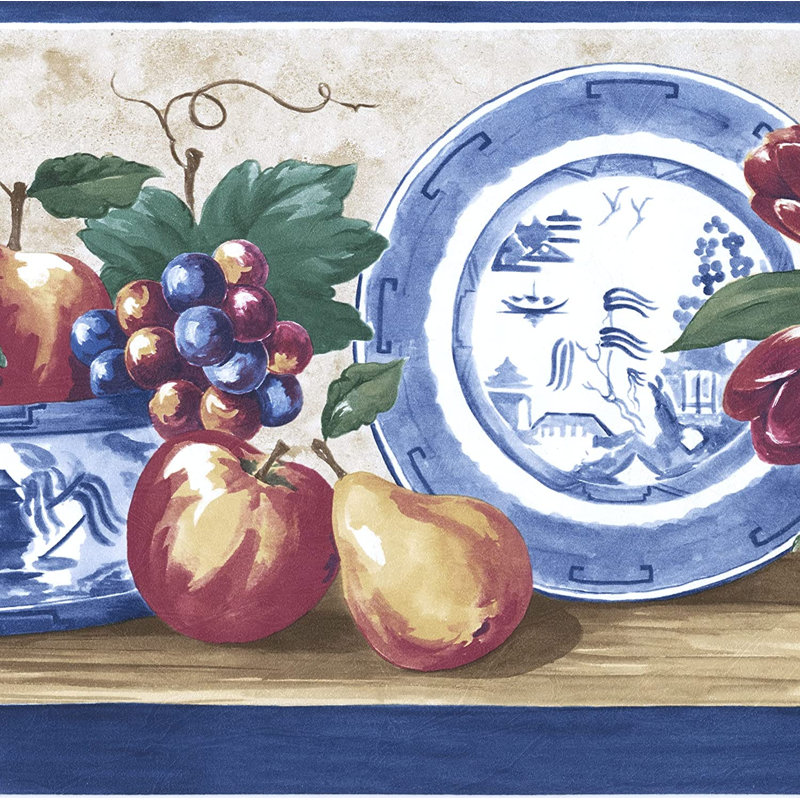 Bordure de papier peint pommes, prunes, raisins, tulipes, poire, L 15 pi x l 9 po