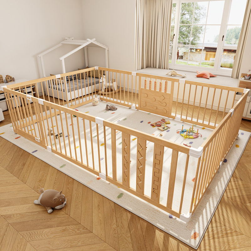 Parc pour bébé en bois naturel, 12 panneaux, porte et jouets inclus. Facile à assembler, grand parc portatif pour bébés et jeunes enfants, fabriqué en pin naturel.