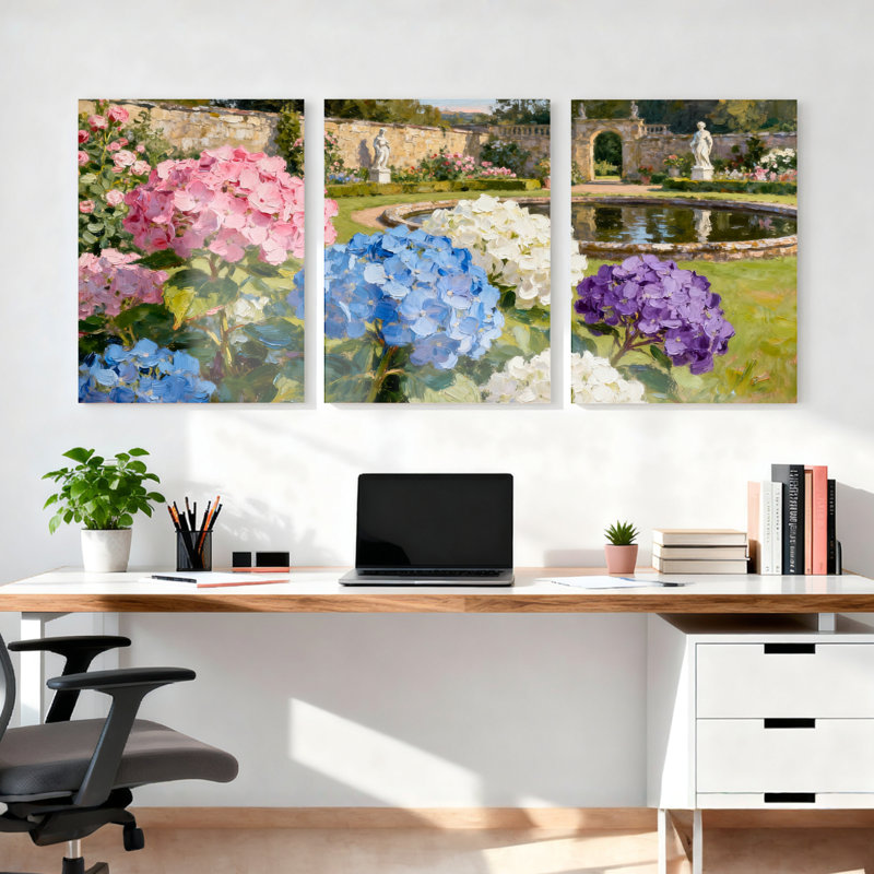 Ensemble de 3 tableaux sur toile « Jardin d'hortensias », H 30 po x l 60 po