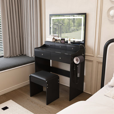 Modern Large Mirror Vanity Desk with Adjustable Lighting, Power Outlet, and Hair Dryer Holder, 5 Drawers for Organized Storage