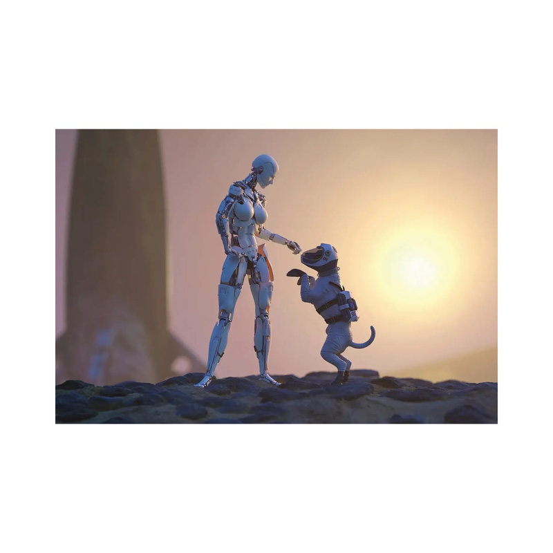 A Robot Playing with a Dog on the Surface of Mars by Mike Kiev - Wrapped Canvas Painting, 20.32 cm H x 30.48 cm W