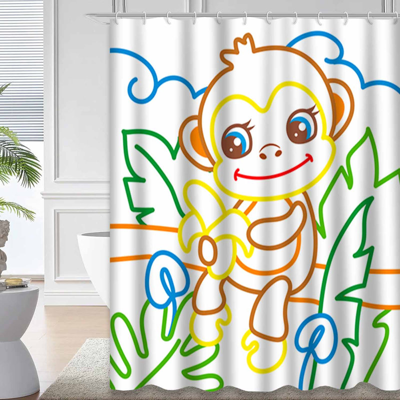 Cute Monkey Eating Banana Colouring Cartoon Shower Curtain with 12 Hooks, 72" L x 84" W
