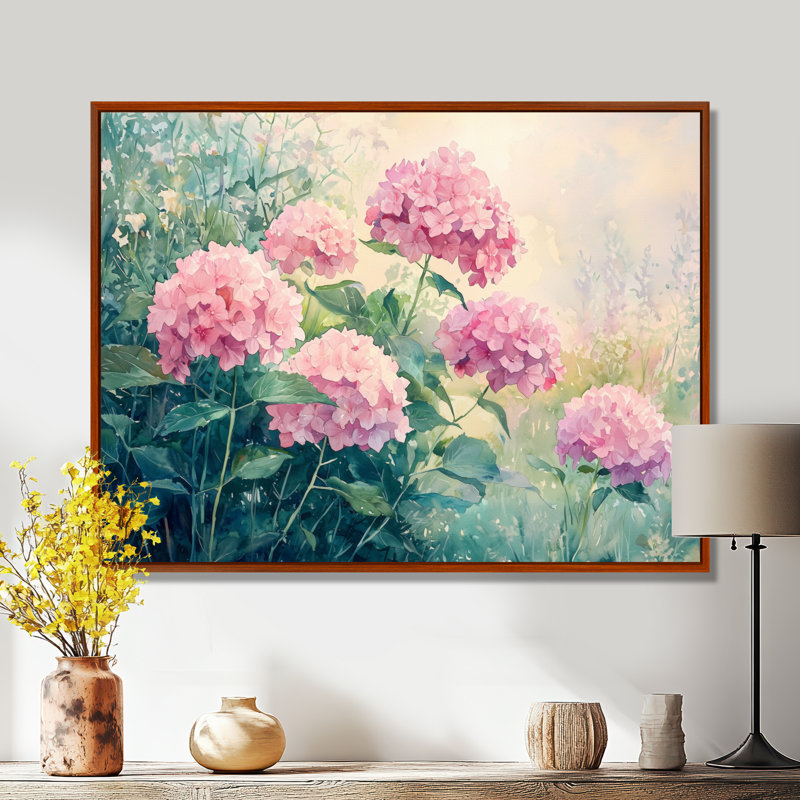 Hortensias dans un pré d'été I - hydrangées, art mural large, Brun, H 12 po x l 20 po, Impression encadrée flottante