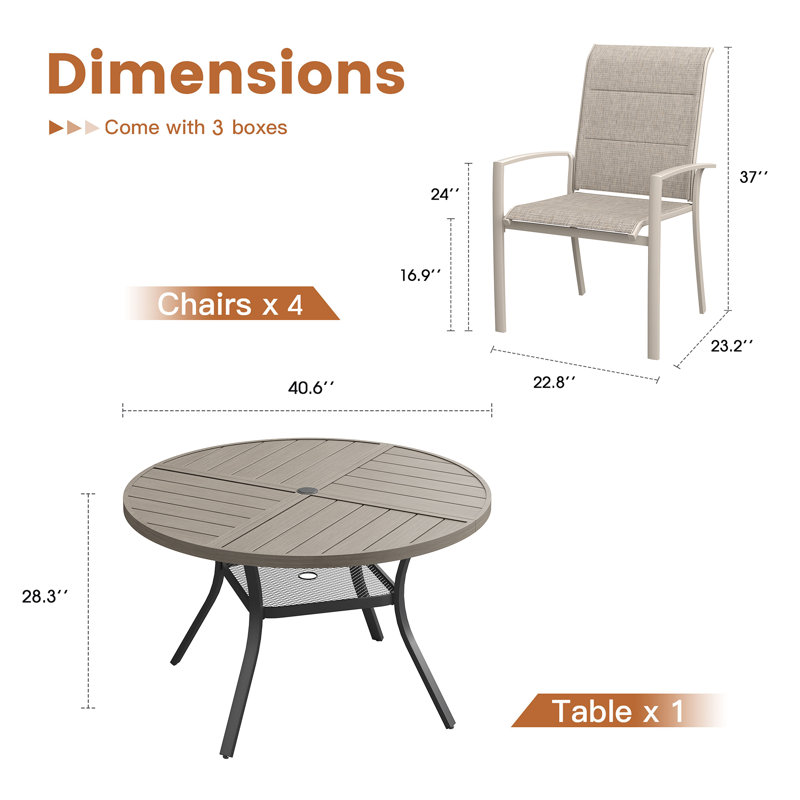 Table de salle à manger pour 4 personnes avec table de salle à manger ronde en métal et 4 chaises rembourrées en textilène