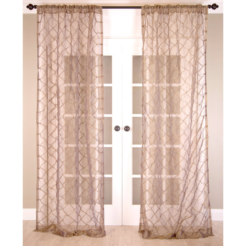 Claire Pure Organza Silk Sheer Geometric Curtain Panel with Hand Knots Rod Pocket Header, 51" W x 108" L, Taupe