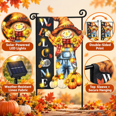 Thanksgiving Lighted Garden Flag, Solar LED Double-Sided Fall Scarecrow Decor, Flagpole Is Not Included