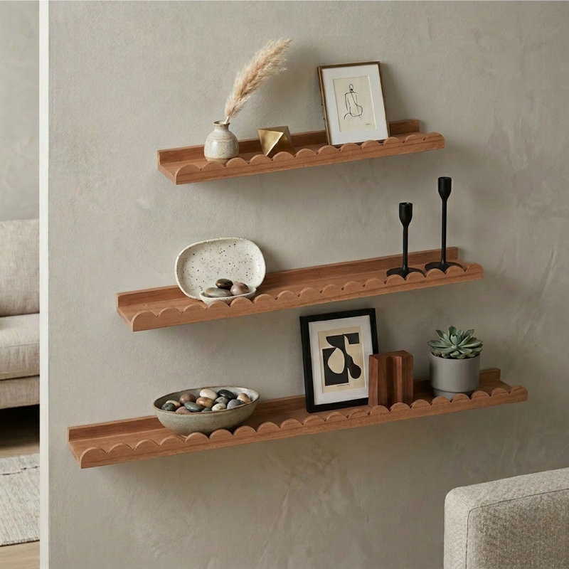  Scallop Floating Wall Shelf Set of 3, Wood Picture Ledge Shelves with Lip, Decorative Shabby Chic Wall Shelves for Nursery, Gallery, Bathroom & Living Room Decor